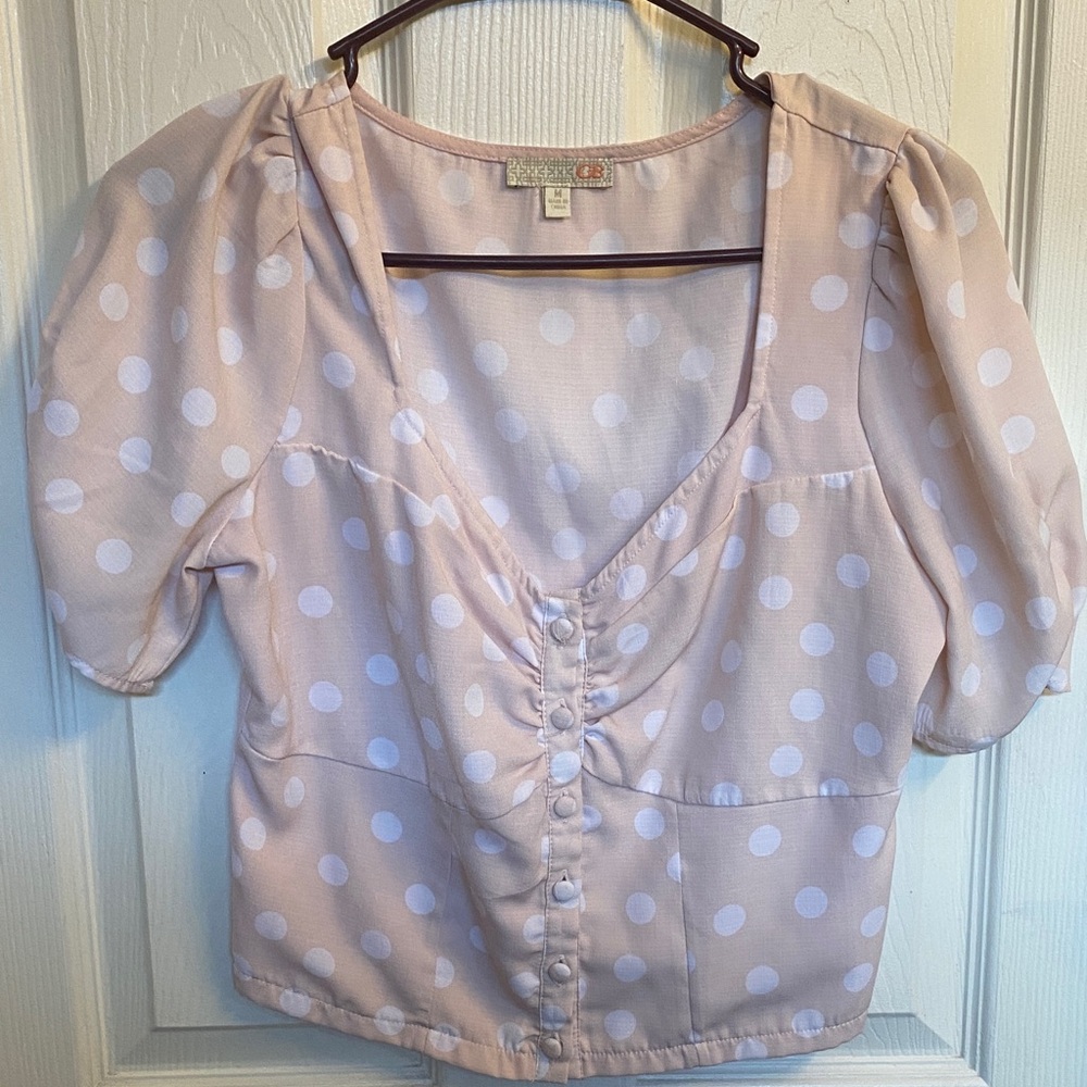 GB girls Light Pink Polka Dot Button-Front Puff Sleeve Top